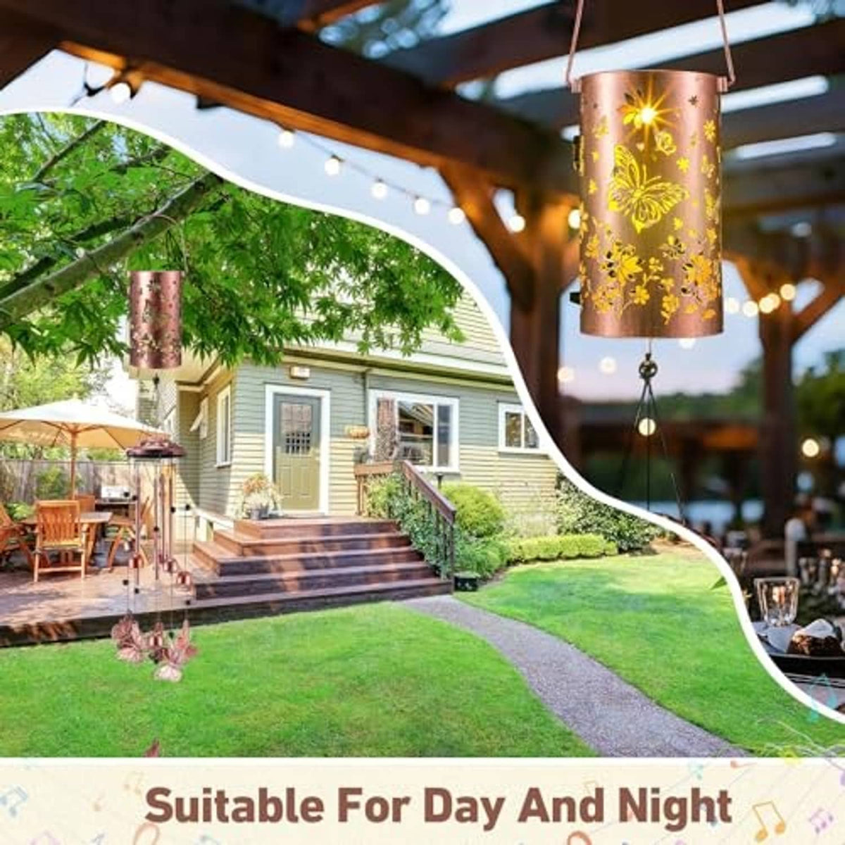 Outdoor solar butterfly wind chime lantern with lit copper-pink cylinder and dangling chime parts