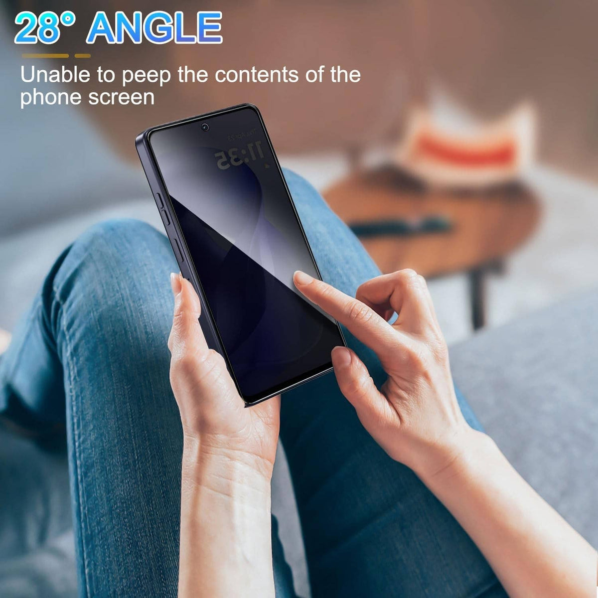 Tempered privacy screen protector on smartphone, limited view from an angle