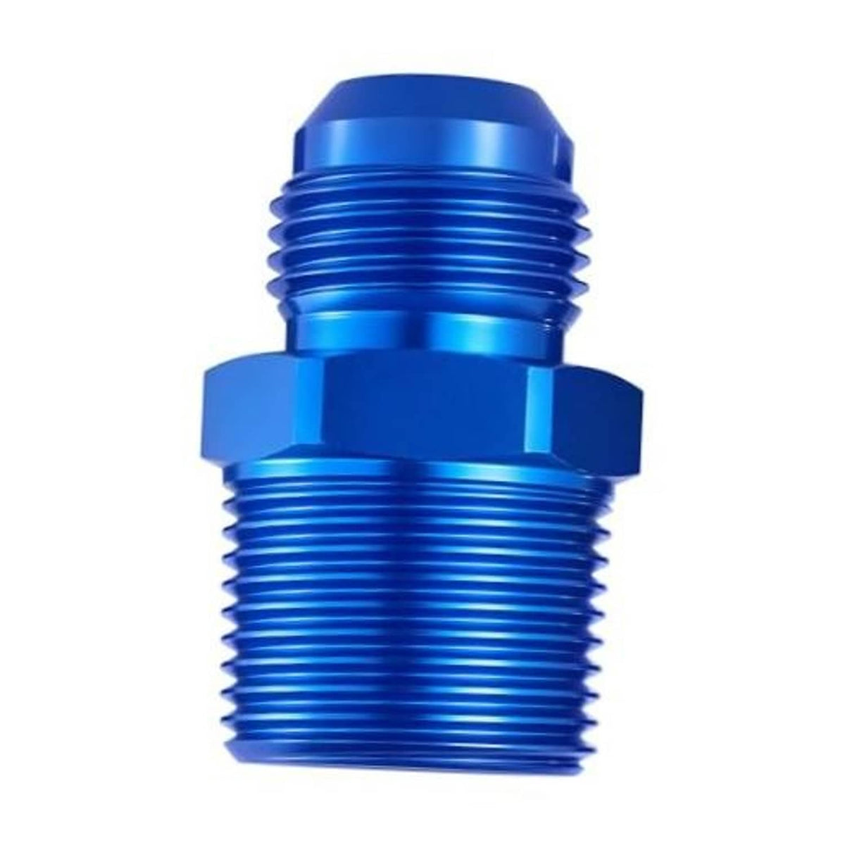 Blue straight flare adapter with male 3/4 NPT threads and 10AN fitting
