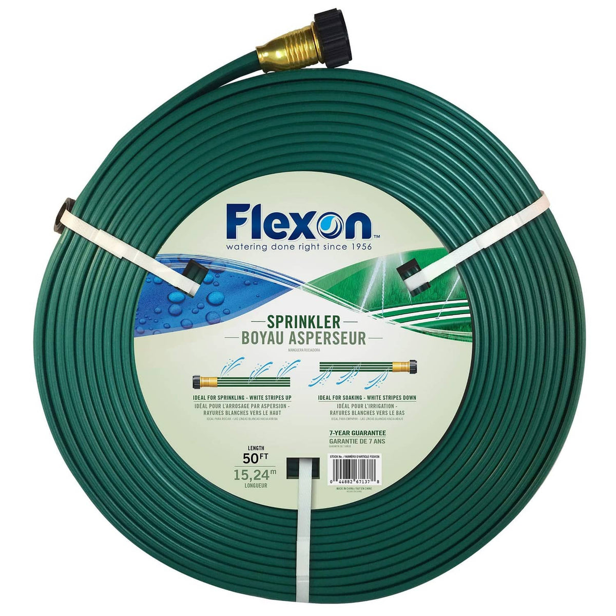 Flexon three-tube sprinkler hose coil, green with black brass connector
