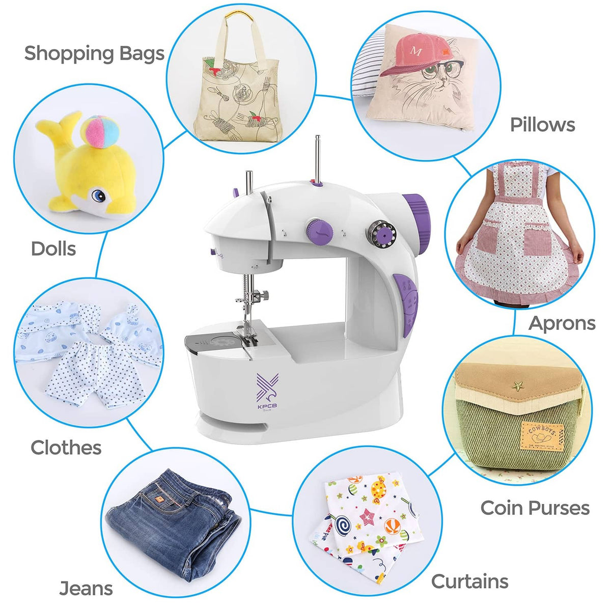 White sewing machine with sample project accessories shown in labeled circles