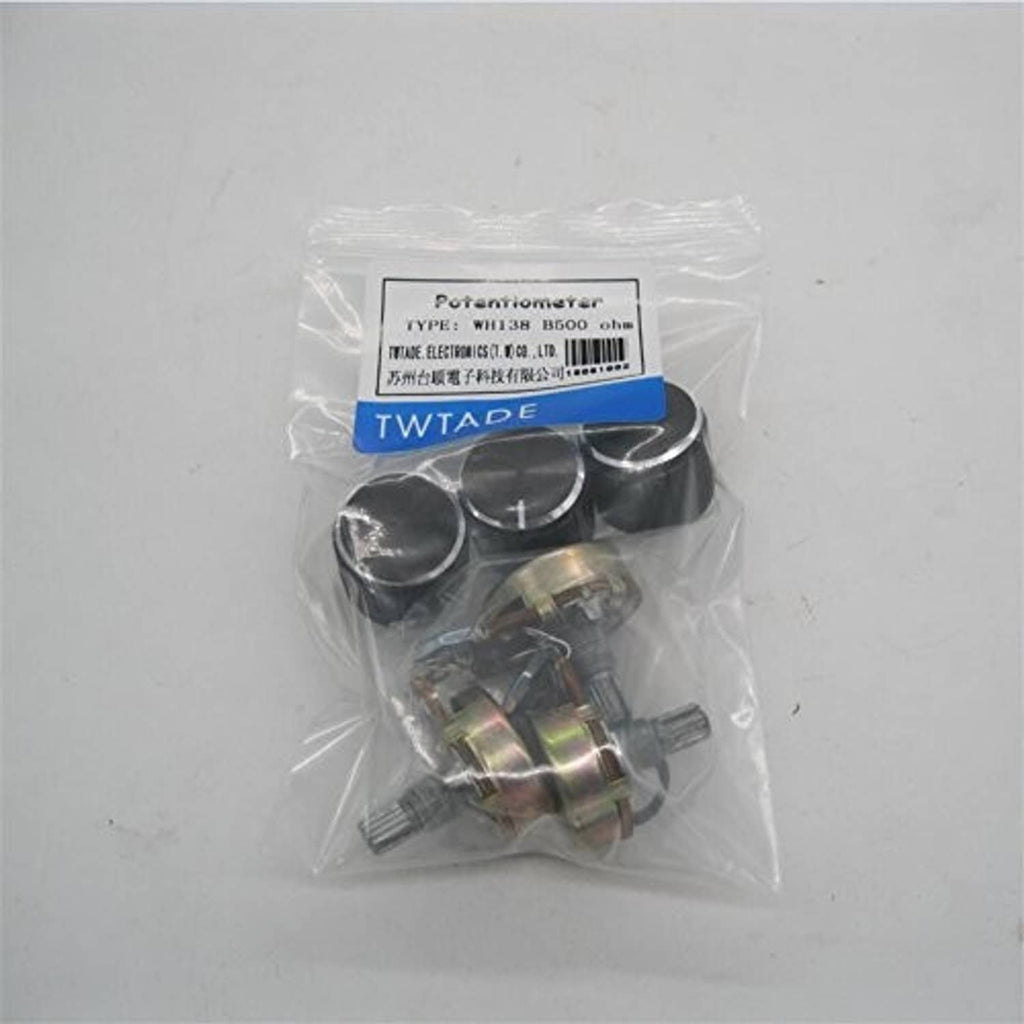 Bagged potentiometer set with black knobs and small metal components, TWTADE label.