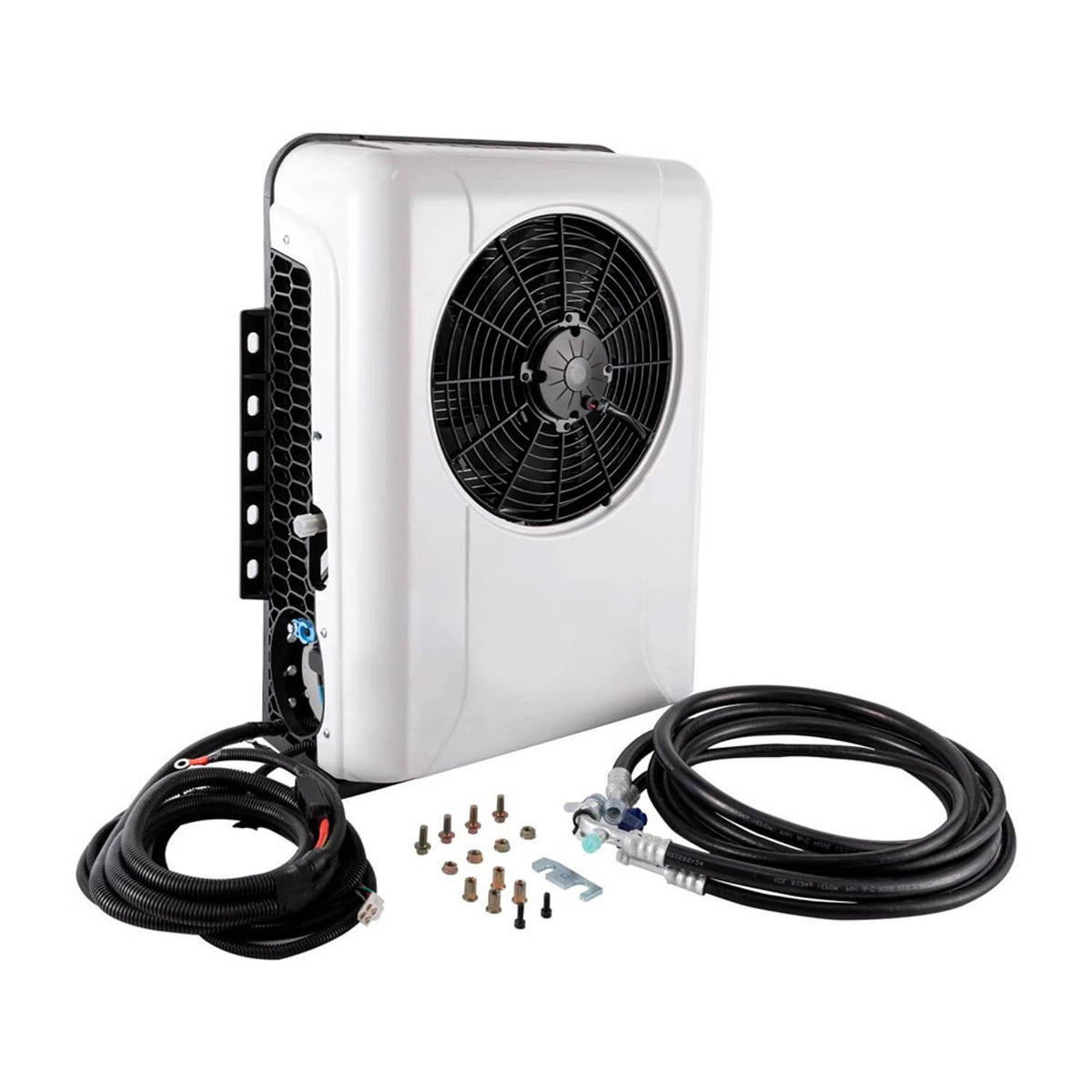 White outdoor AC unit with front fan, mounting bracket, and black accessory cables
