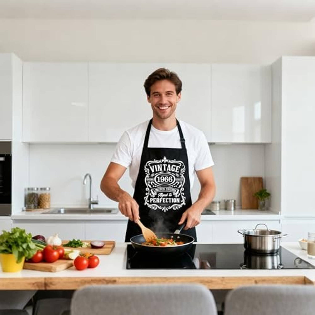 Black cooking apron with adjustable neck strap and vintage-style front logo print.