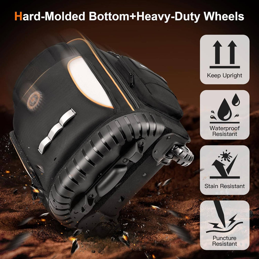 Black rolling tool backpack with hard-molded bottom wheels and reinforced rugged design