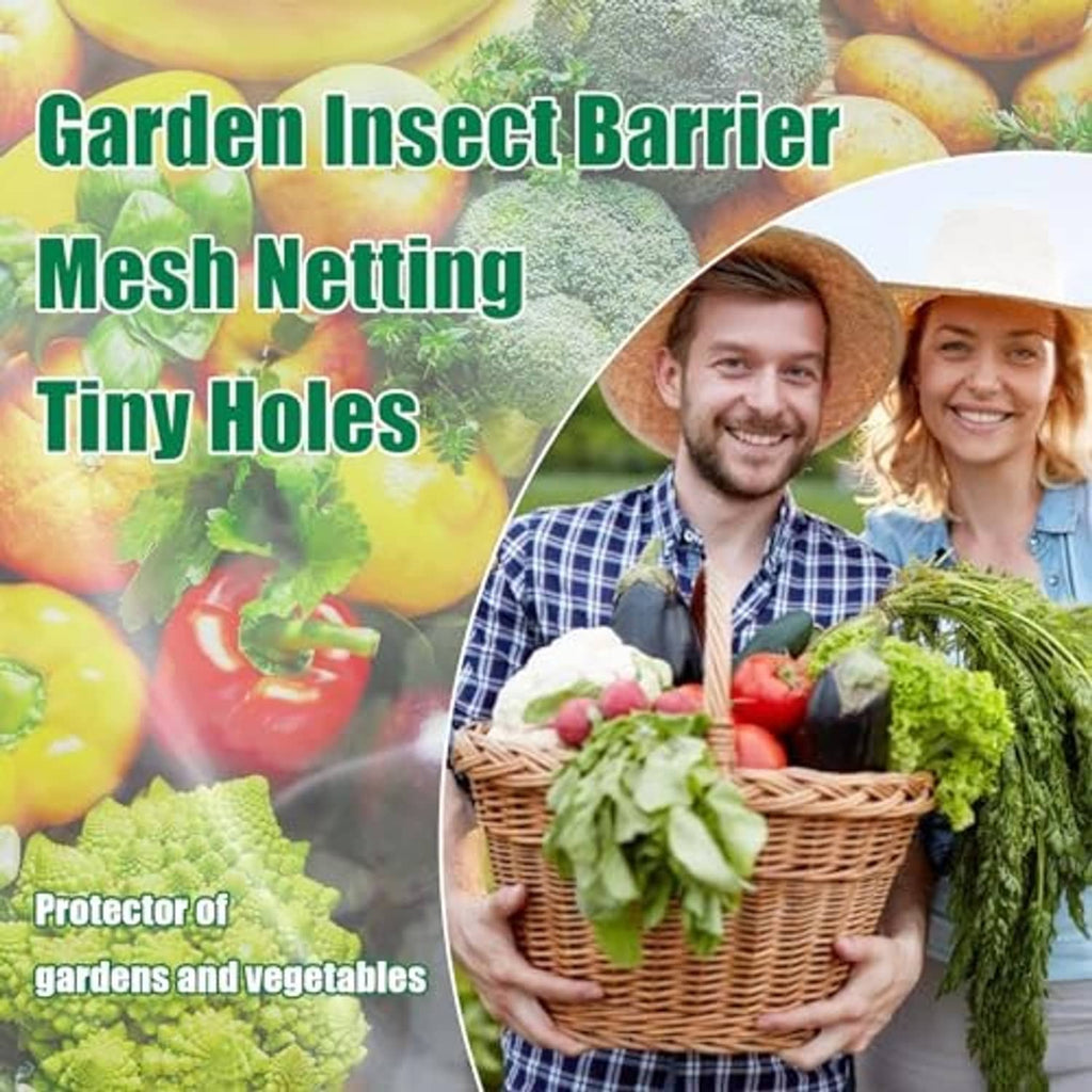 Garden insect barrier mesh netting, ultra-fine holes protecting a basket of fresh produce