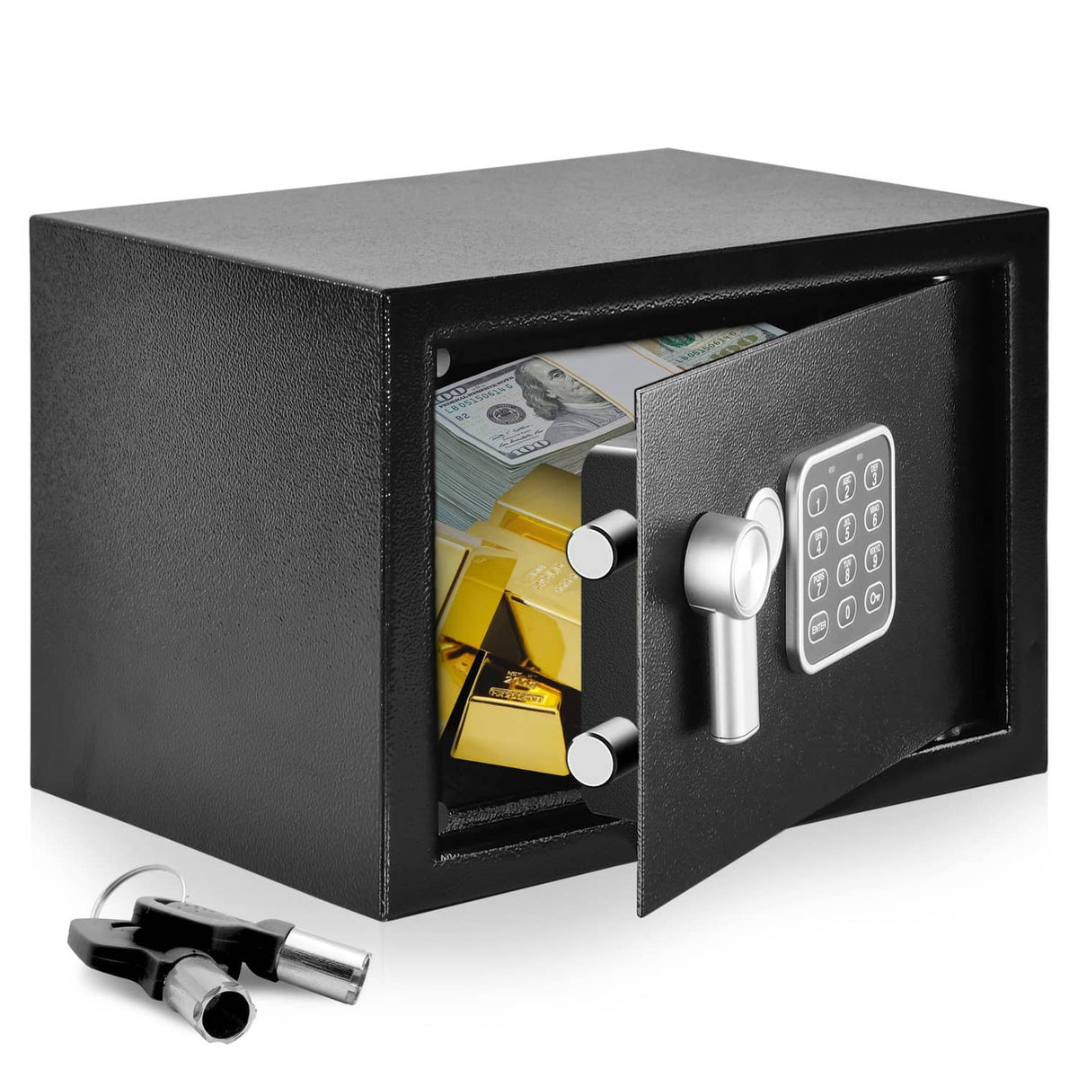 Black electronic lockbox safe with keypad and silver handle, open door