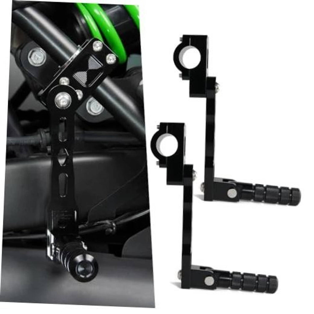 Adjustable motorcycle footpeg mount with black bracket and textured rubber footrest