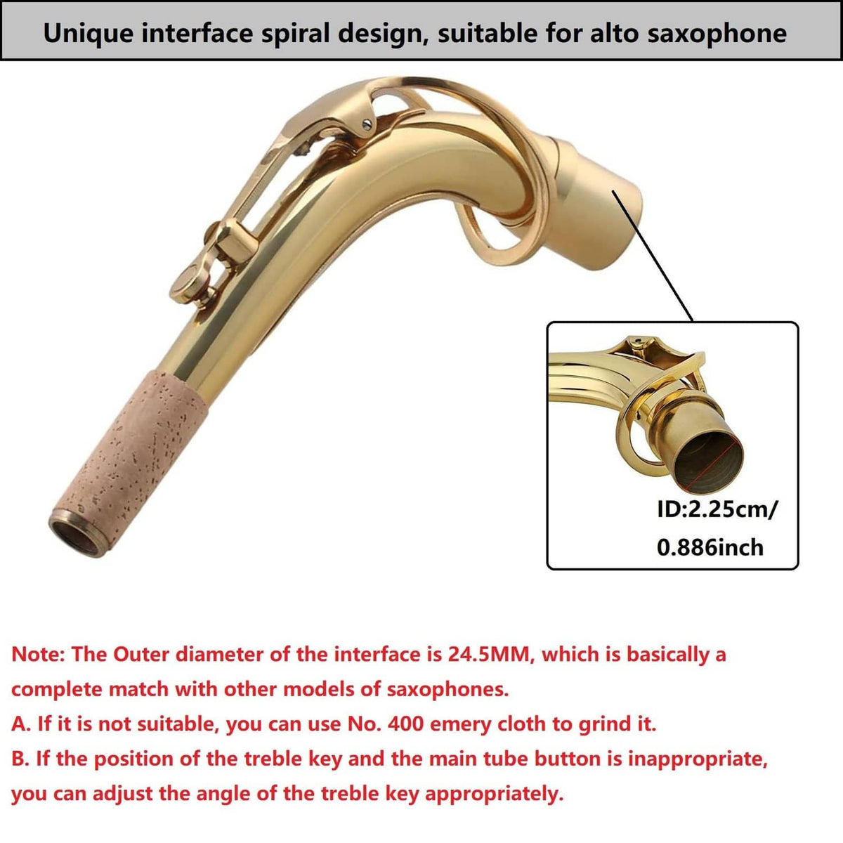 Brass bend neck assembly with curved tube and cork pad, side view