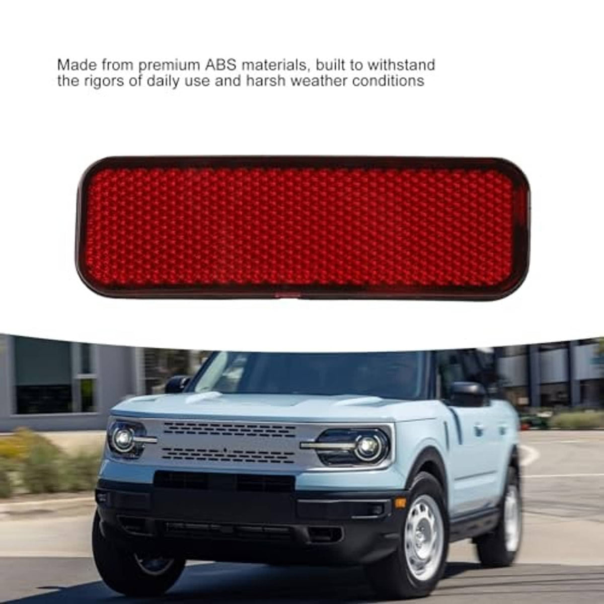 Red rectangular rear bumper reflector with textured lens and black frame