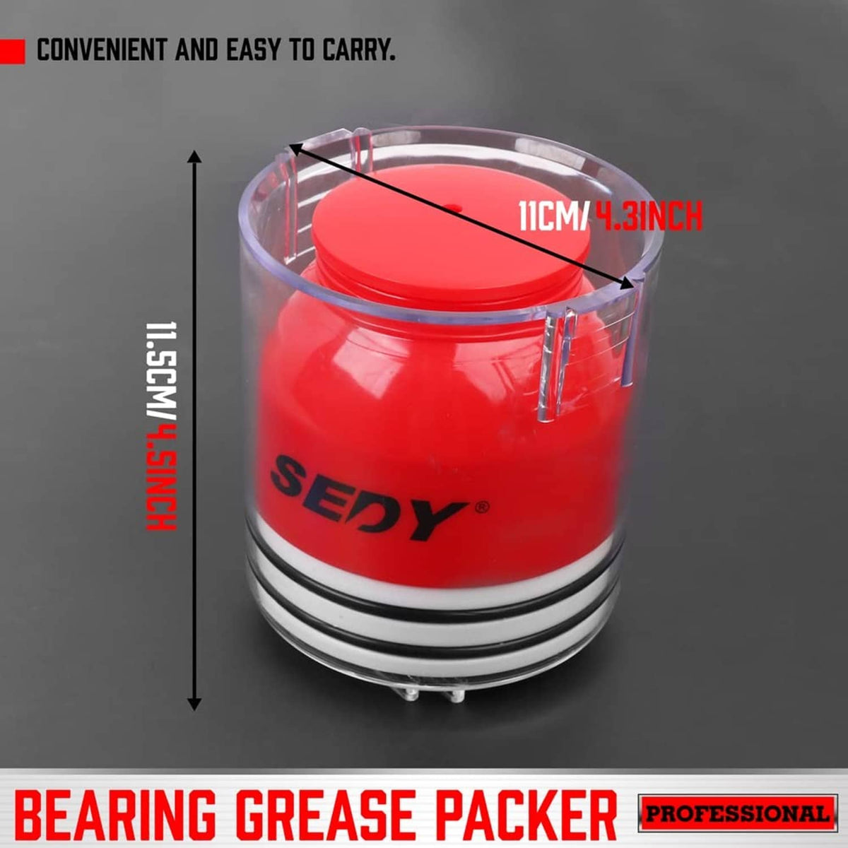 Portable bearing grease packer with red lid and clear cup on base