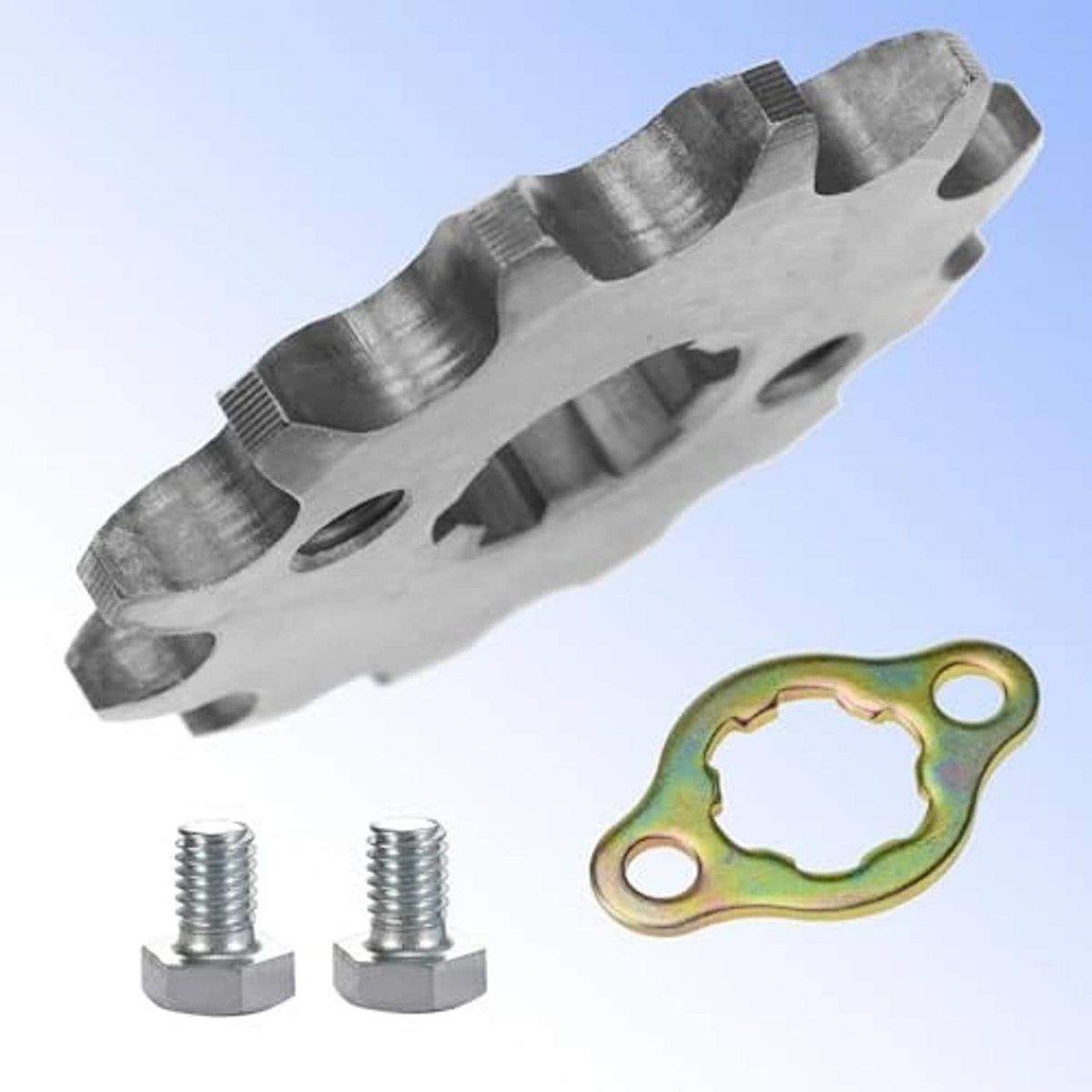 Silver front engine sprocket side view with central bore, two bolts, and green retainer plate