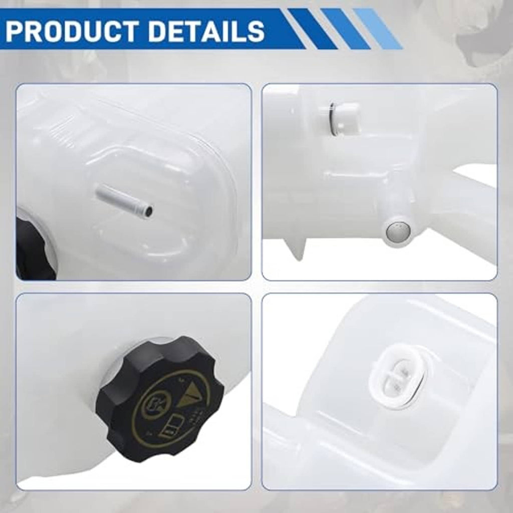 Engine coolant overflow reservoir tank detail views with cap, sensor, and outlet ports