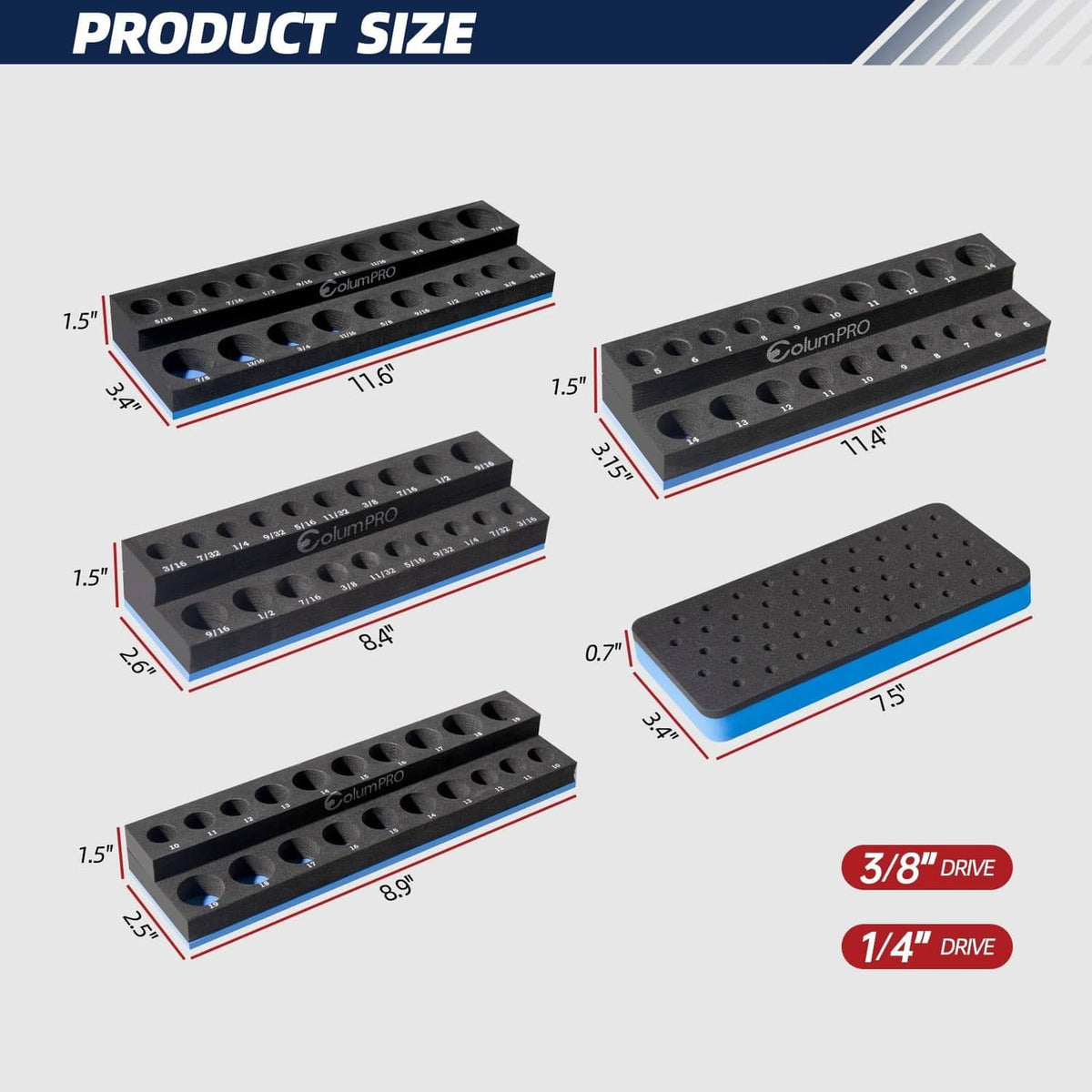 Set of black foam socket organizer trays with multiple round holes and blue edge