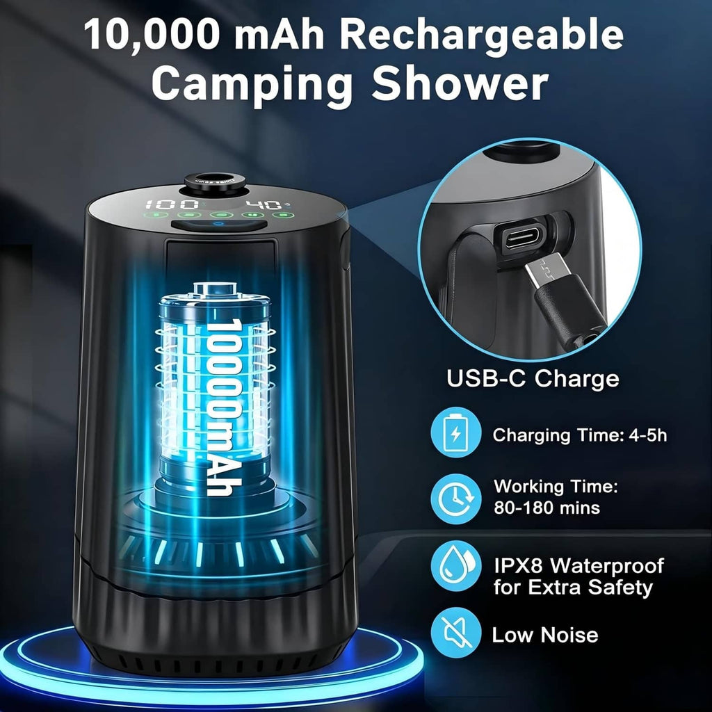 Rechargeable camping shower pump with blue-lit display and USB-C charging port
