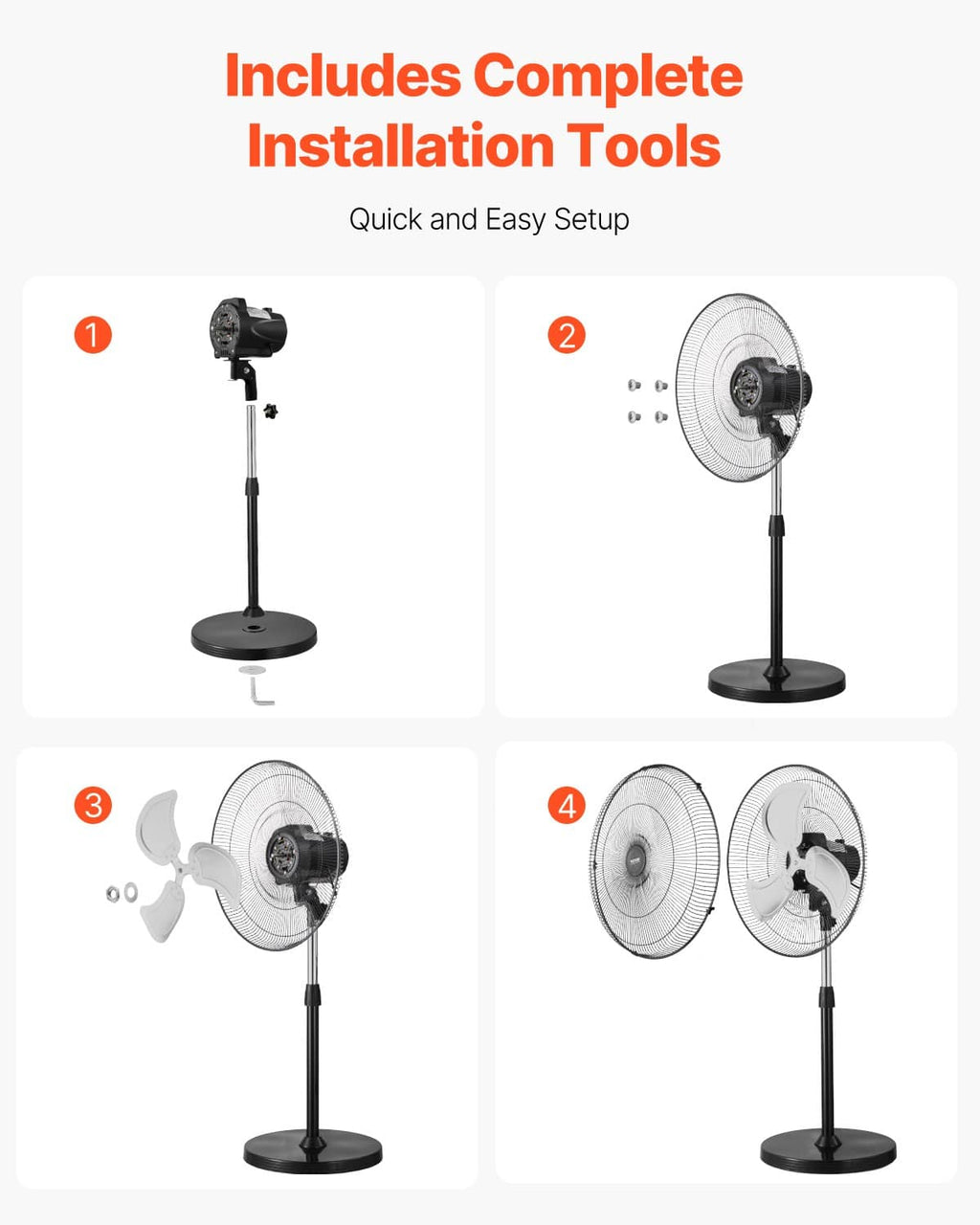 Industrial pedestal fan with included parts and tools for easy assembly