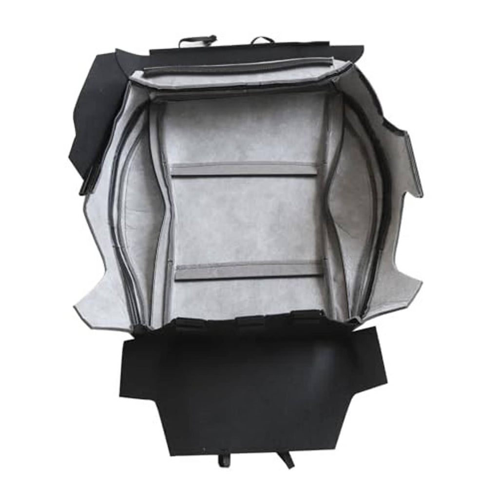Black seat cover underside showing inner padding and mounting tabs for driver seat fit.