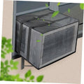 Dark gray mesh window AC cover with cinched top straps and full front mesh panel