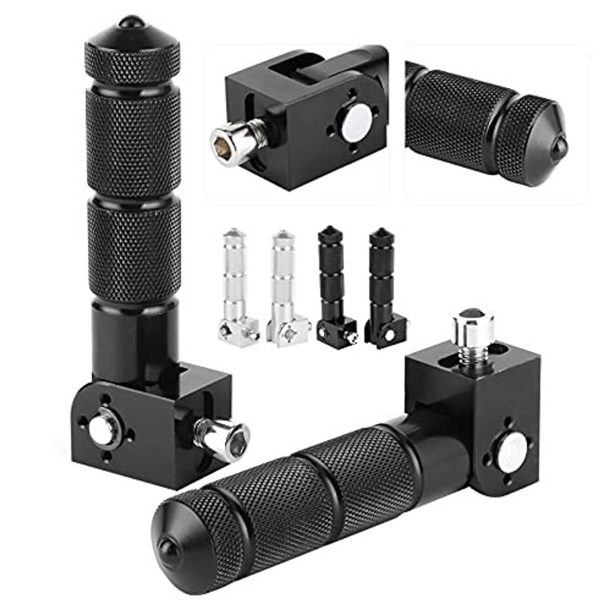 Motorcycle passenger foot pegs set with black textured grips and included mounting bolts