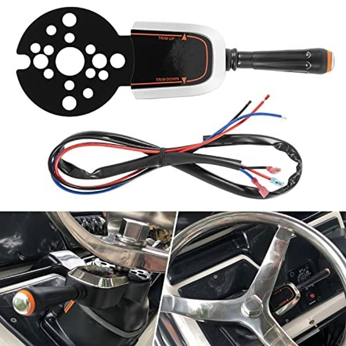 Single-function marine trim control switch with black faceplate, silver body, wiring harness