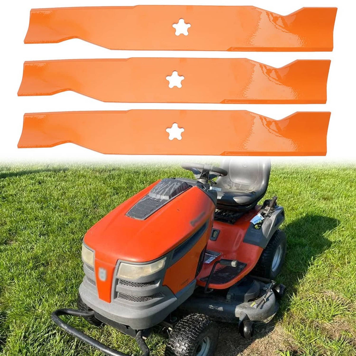 Three orange mower blades with star center holes, mounted for lawn mower