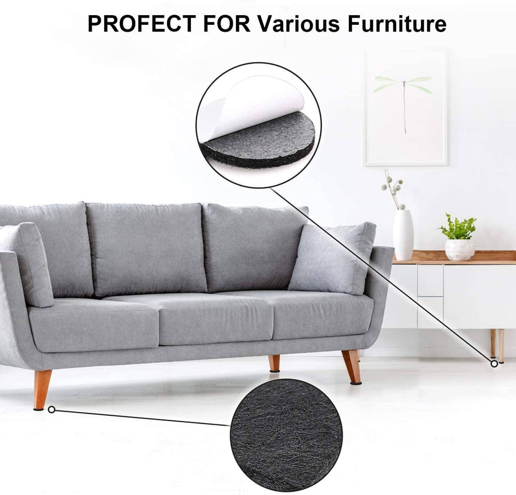 Black felt furniture pad for furniture legs, shown as a round glide