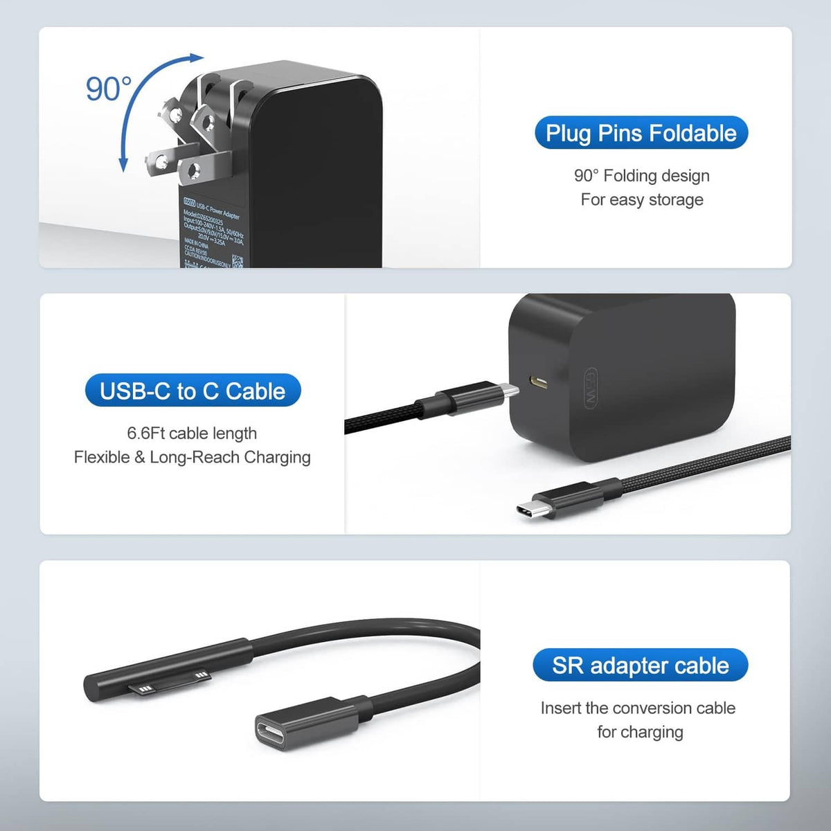 Black foldable wall plug charger with USB-C to C cable and adapter