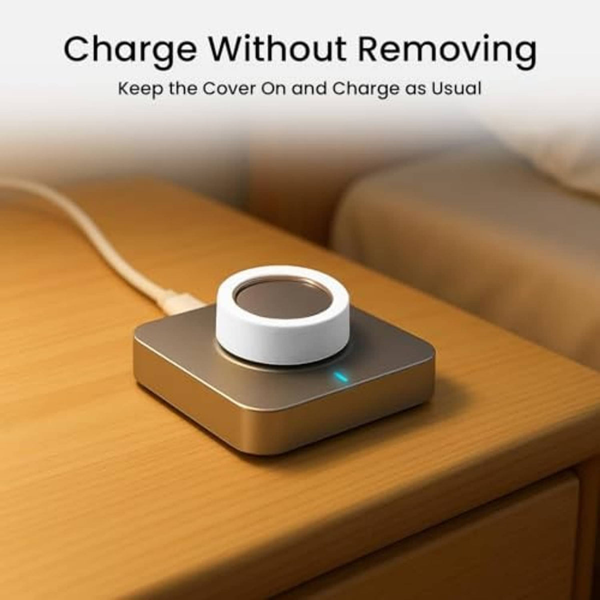 White silicone ring cover on a charging dock, for protecting a smart ring sensor area
