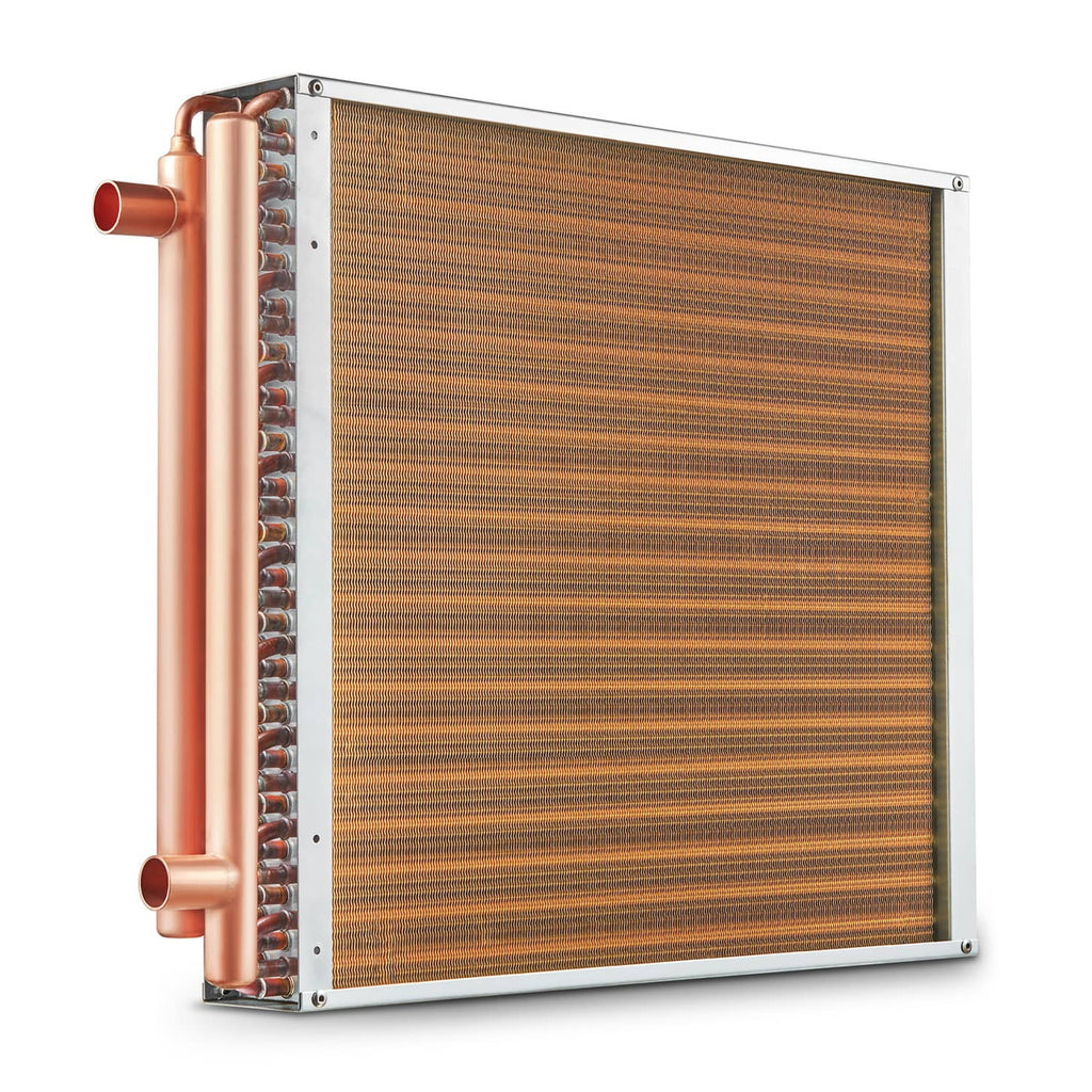 Water-to-air heat exchanger with copper side tubes and orange-brown fin core
