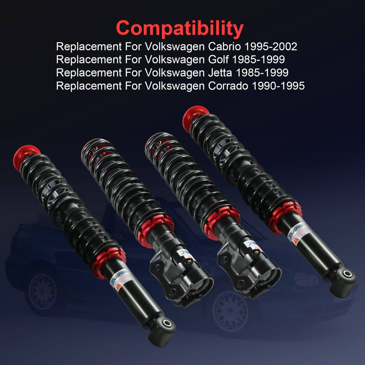 Four-piece coilover strut assembly with black springs and red upper rings, angled view