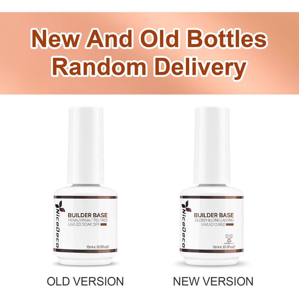 Two nail builder base gel bottles side by side, old and new versions