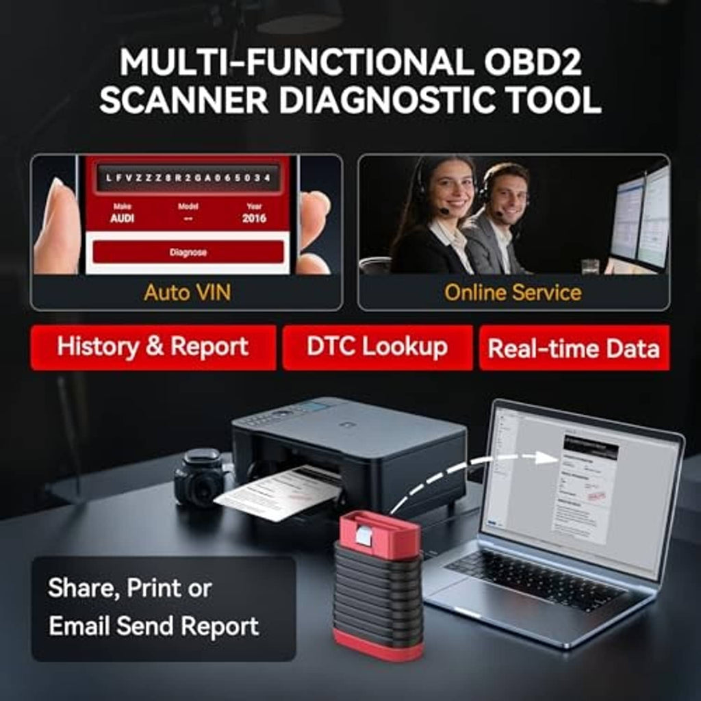 Bluetooth OBD2 scanner on desk with laptop and phone for reporting features