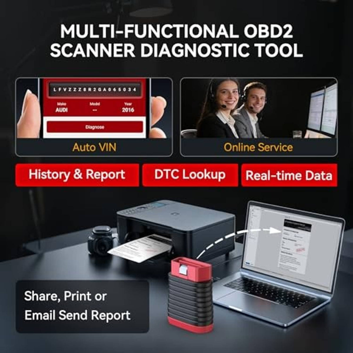 Bluetooth OBD2 scanner on desk with laptop and phone for reporting features