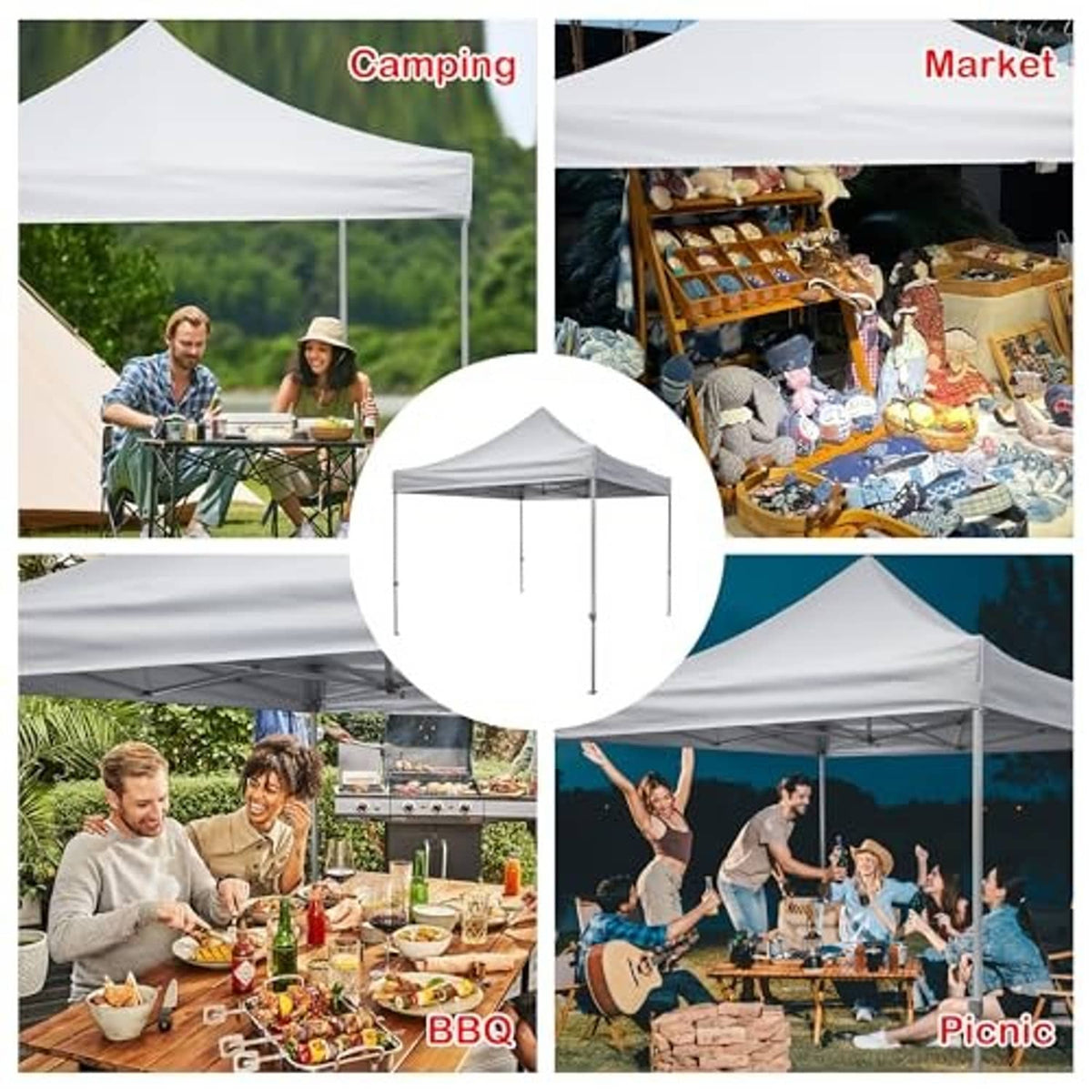 White canopy replacement top for outdoor gatherings with tables and people beneath
