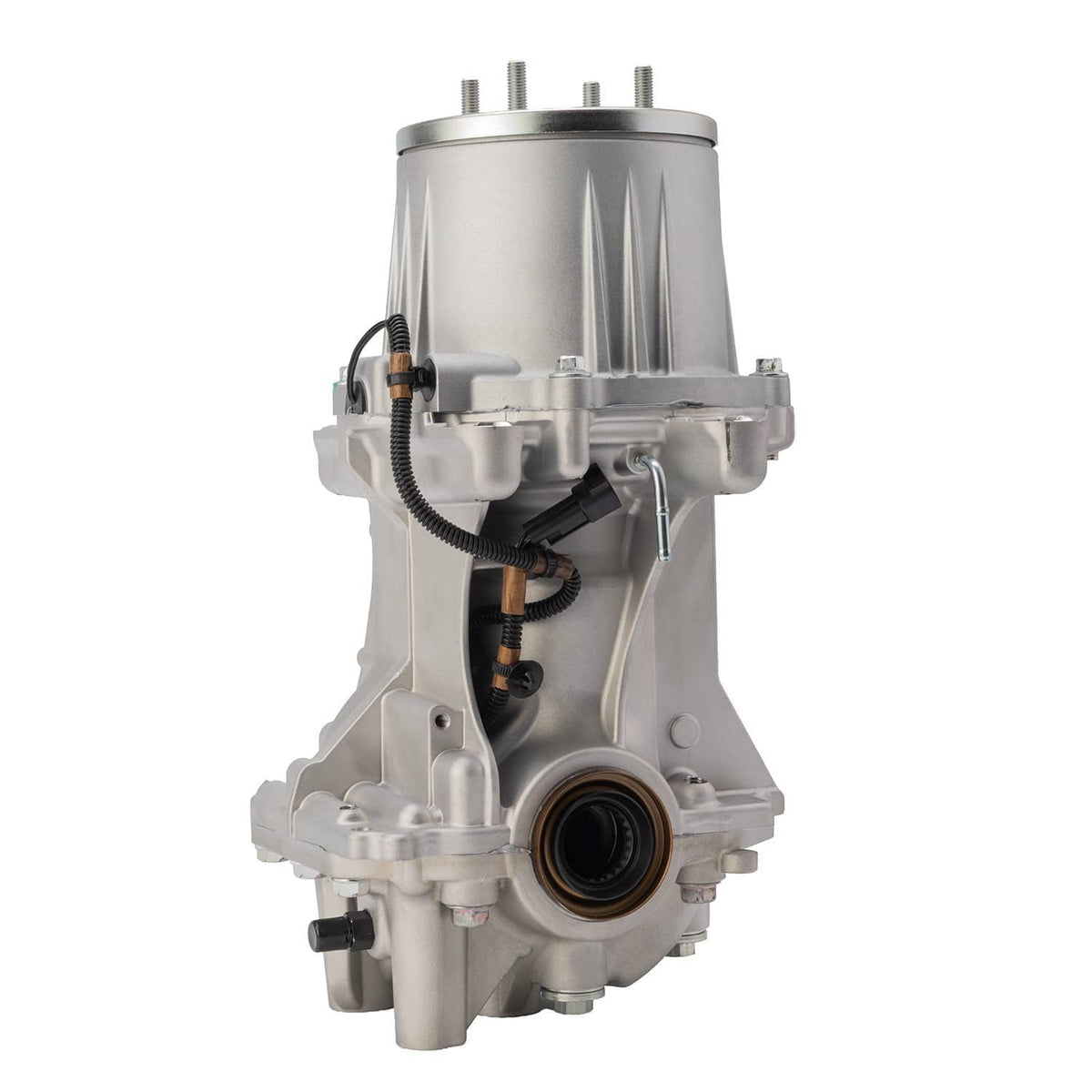 Rear axle differential carrier with coupling unit, front view of gray metal housing