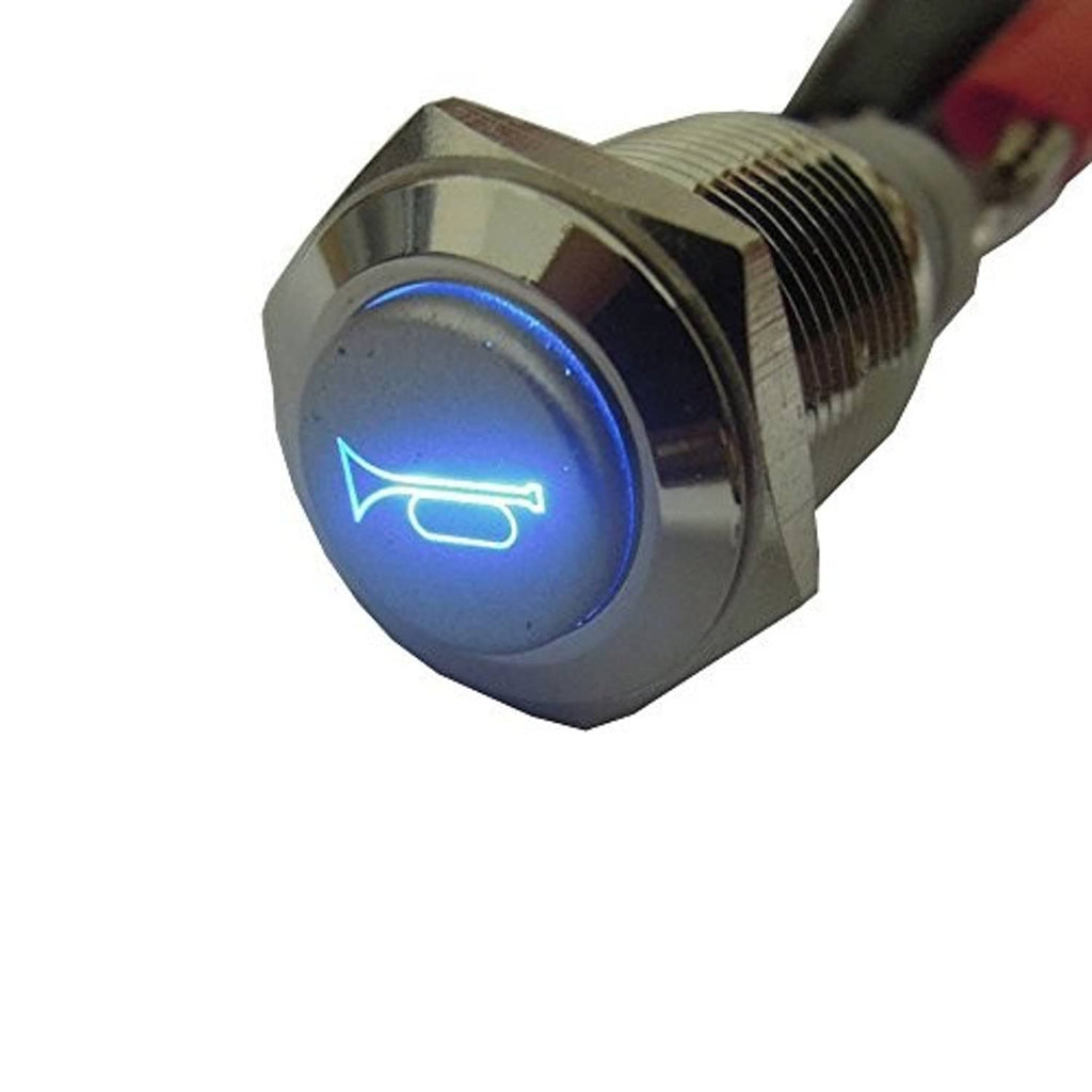 Chrome-look horn push button with blue LED trumpet icon on round face