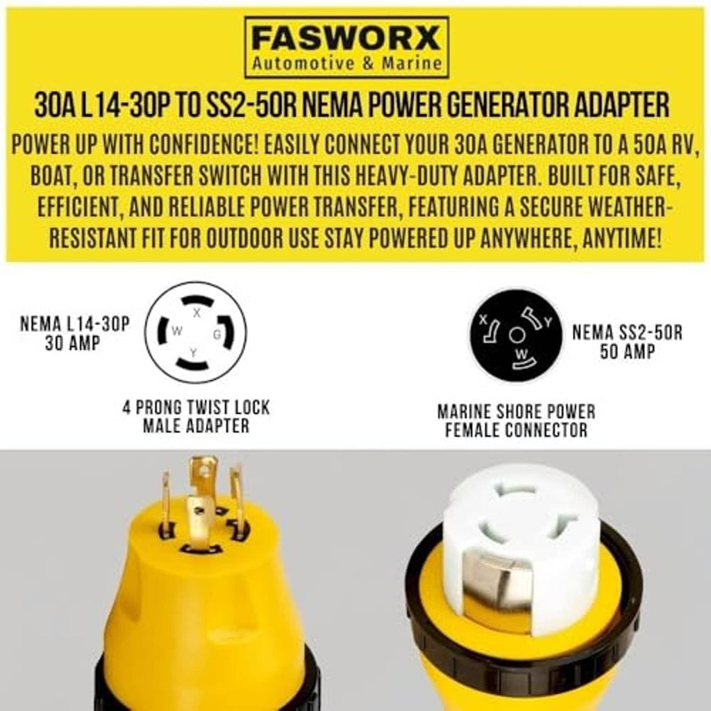 Two yellow generator adapter plugs with white twist-lock connectors, side-by-side