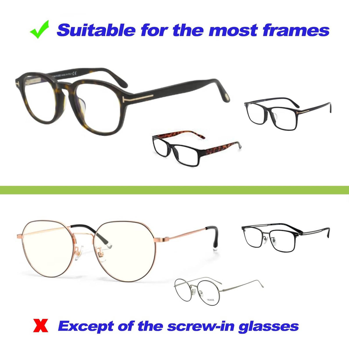 Anti-slip nose pads suited for most frames, shown on different glasses styles
