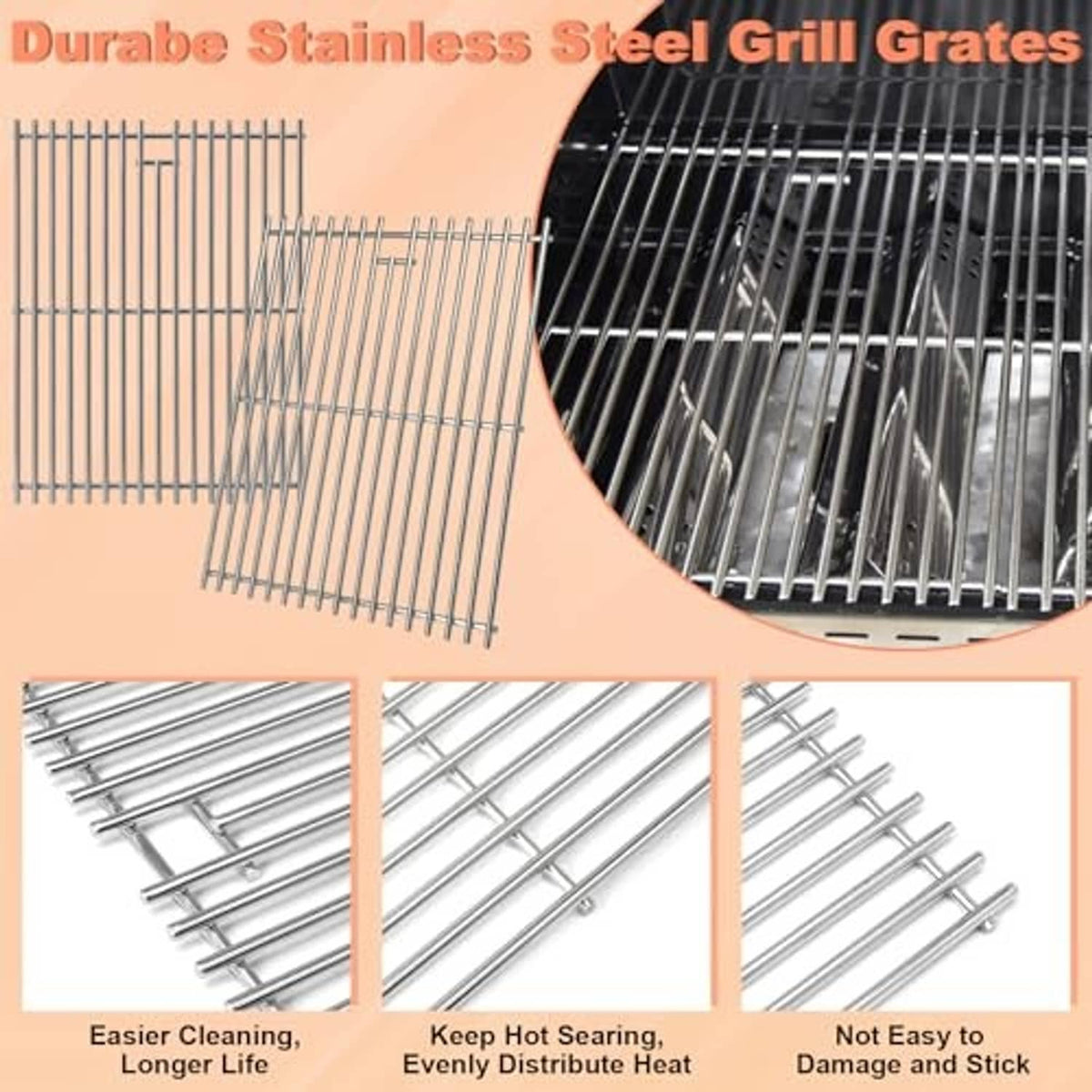 Stainless steel grill grate set with parallel wire bars for even cooking