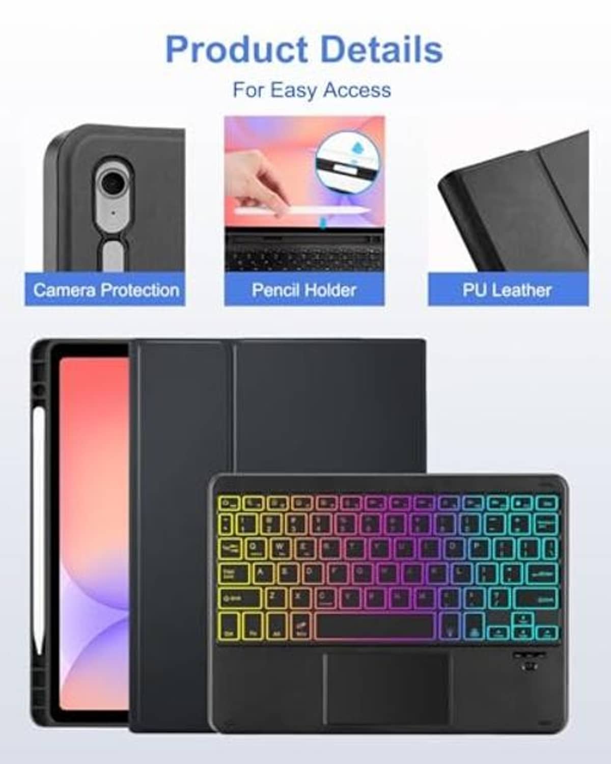 Black keyboard case with camera protection cutout, pencil holder, and PU leather design.