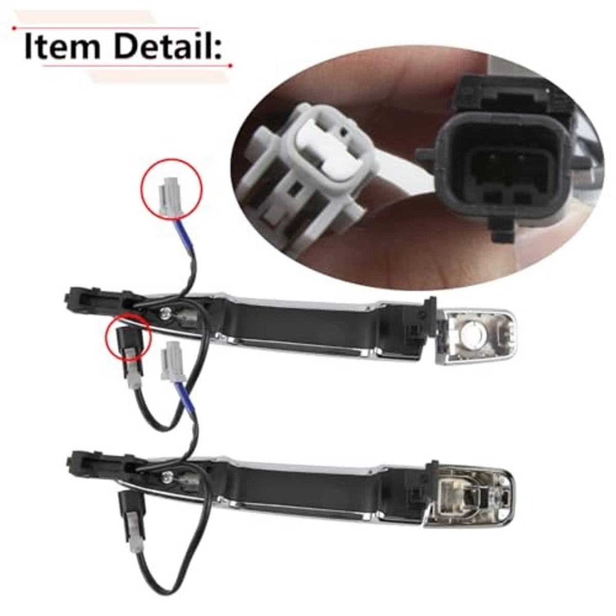Exterior door handle with wiring connector details and mounting hardware