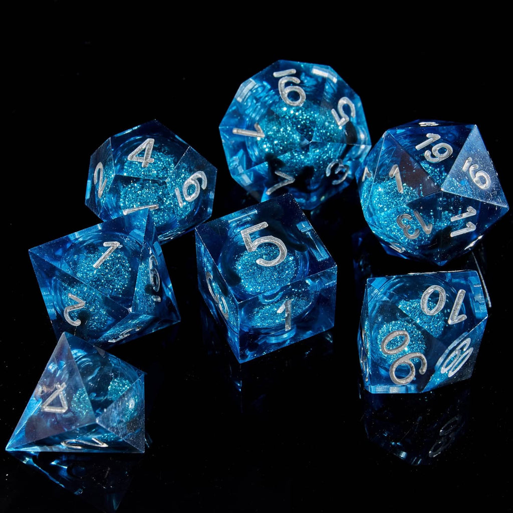 Blue liquid-core D&D dice set with mixed numbered faces and angles