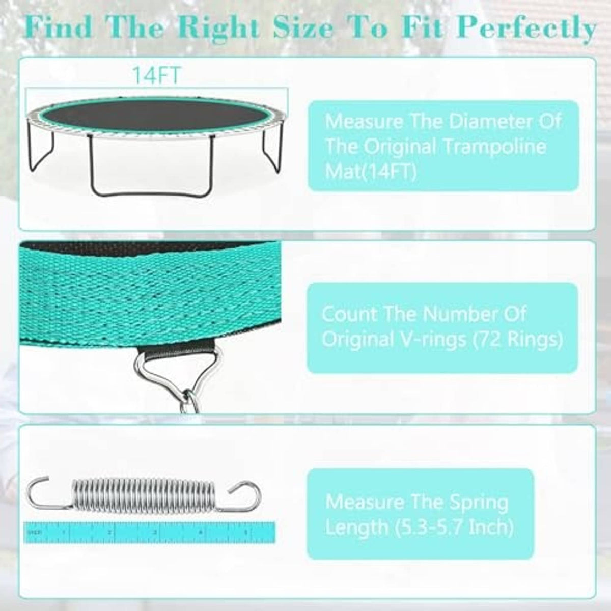 Trampoline mat sizing guide with black center and teal border, showing V-ring layout