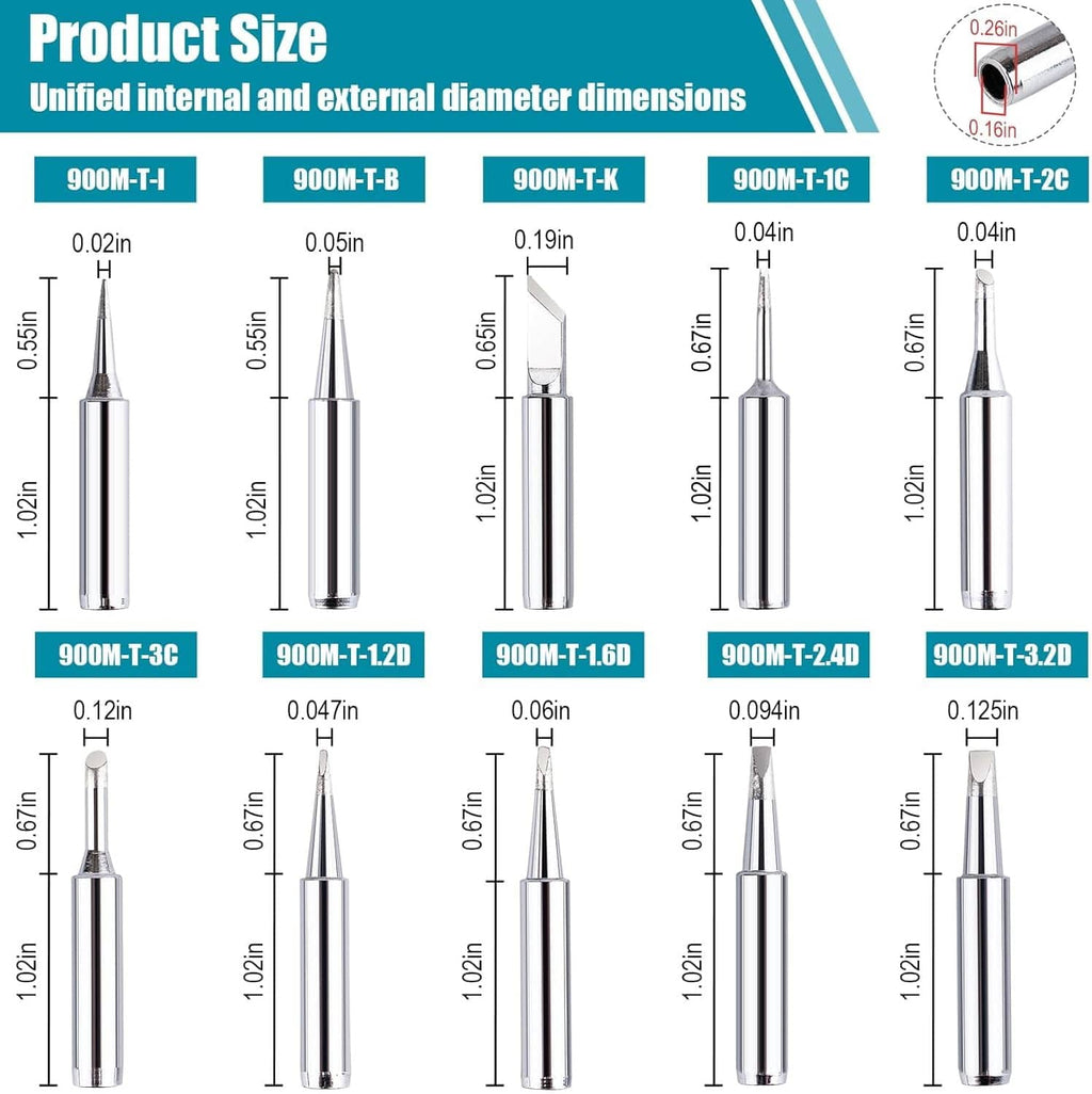 Soldering iron tip size chart showing multiple 900M-T tip shapes and dimensions