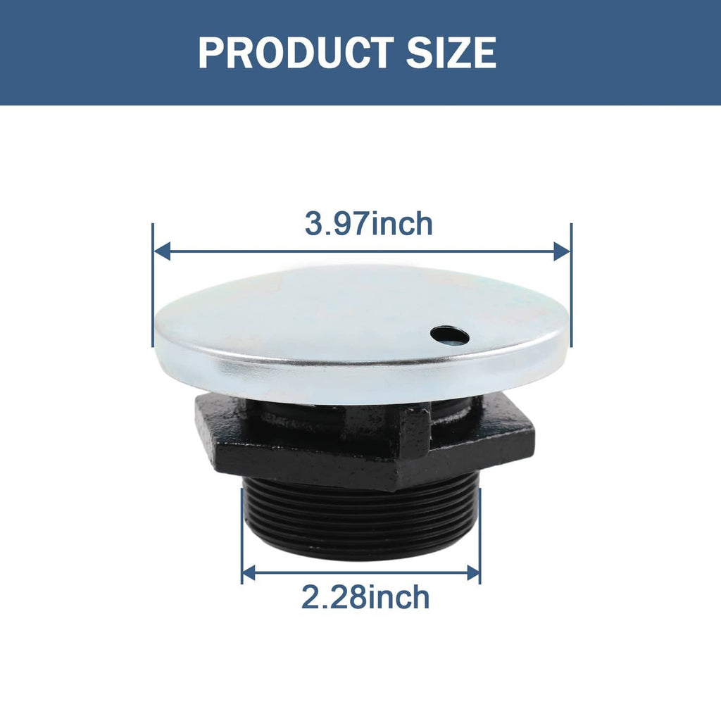 Round metal vented fill cap with black threaded base, top hole for vent