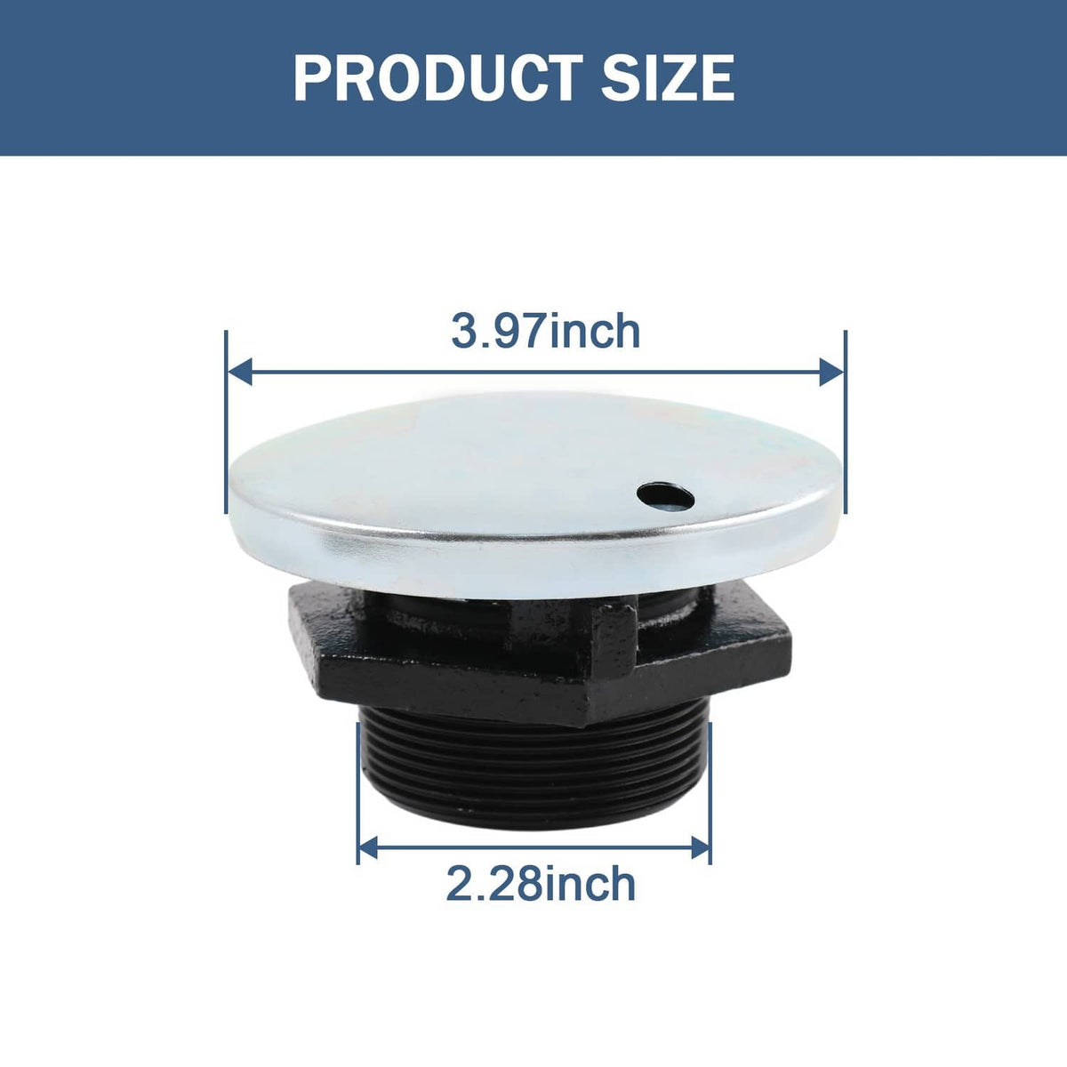 Round metal vented fill cap with black threaded base, top hole for vent