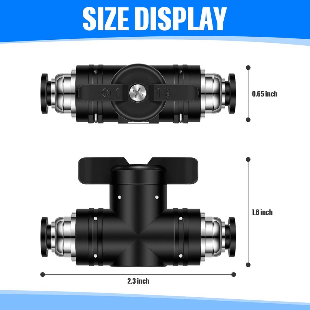 Black 1/4 in push-to-connect pneumatic air valve fitting with size profile