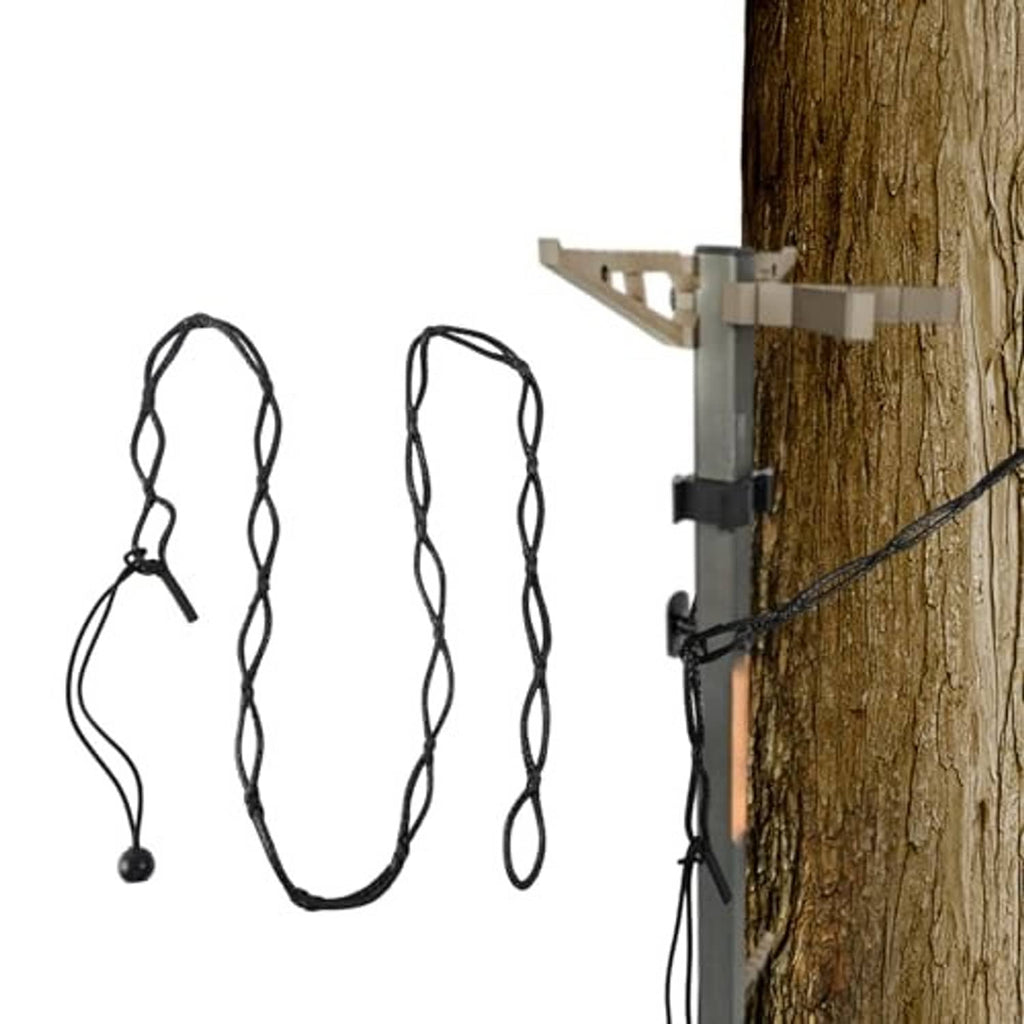Adjustable daisy-chain rope strap attached to tree step bracket, black rope