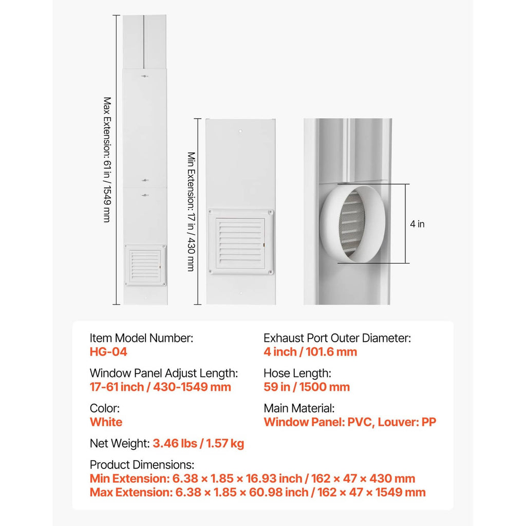 Dryer vent window kit diagram showing dimensions and 4-inch exhaust port