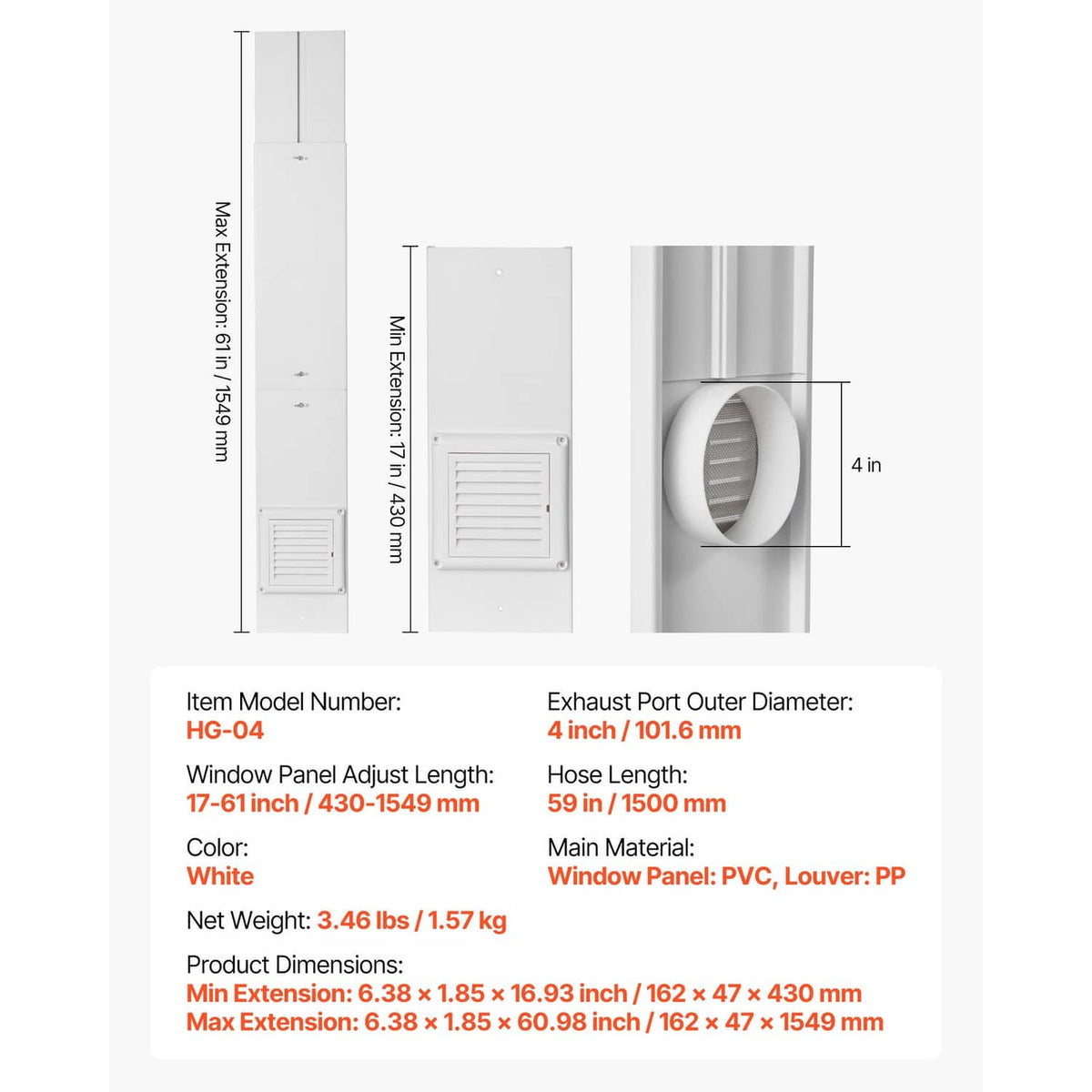 Dryer vent window kit diagram showing dimensions and 4-inch exhaust port